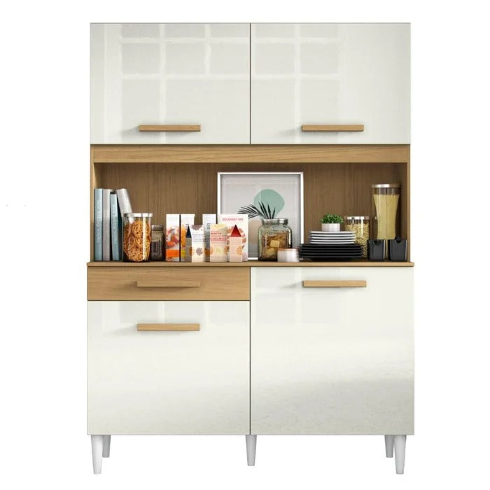 Armário de cozinha com 4 portas, 1 gaveta e nicho amadeirado, off-white brilhante, com pés, vista frontal.