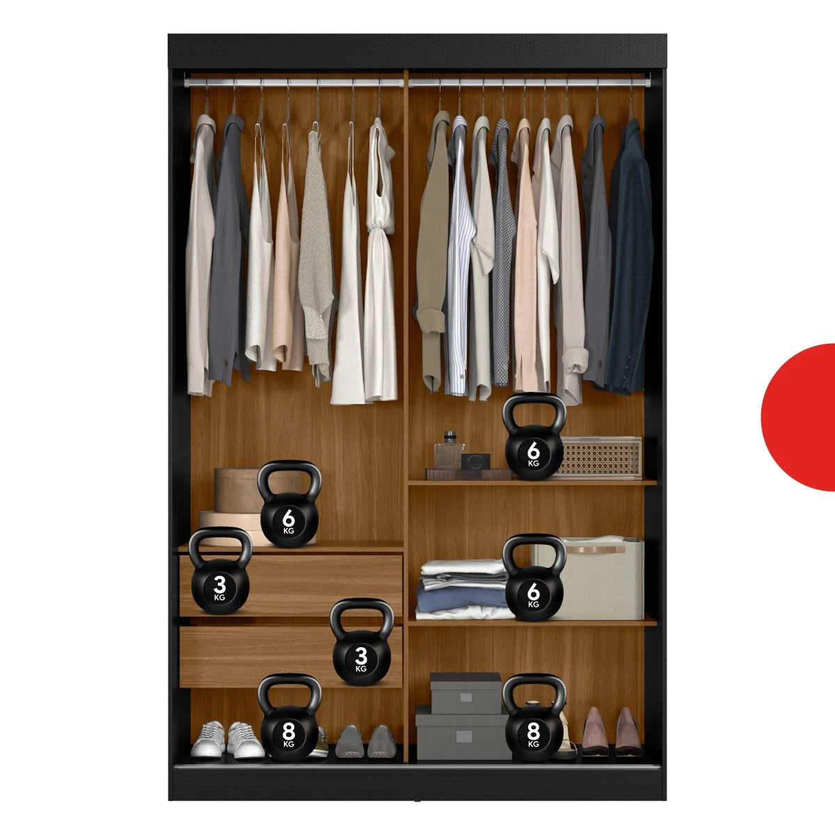 Interior do guarda-roupa 2 portas de correr preto e branco com demonstração de resistência das prateleiras com pesos.
