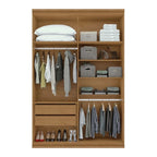 Interior de guarda-roupa 4 portas em madeira com gavetas, cabideiro e prateleiras organizadoras