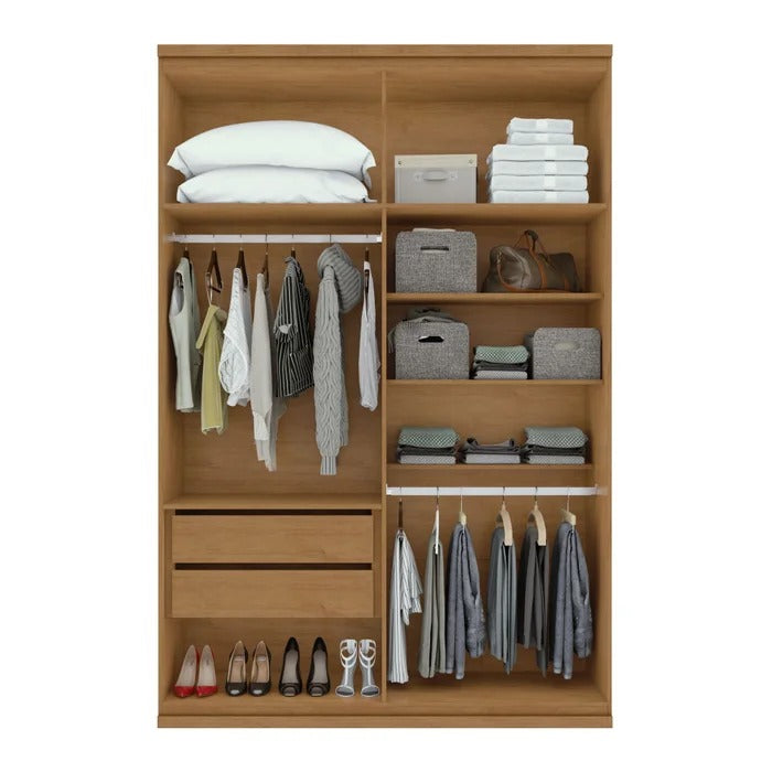 Interior de guarda-roupa 4 portas em madeira com gavetas, cabideiro e prateleiras organizadoras