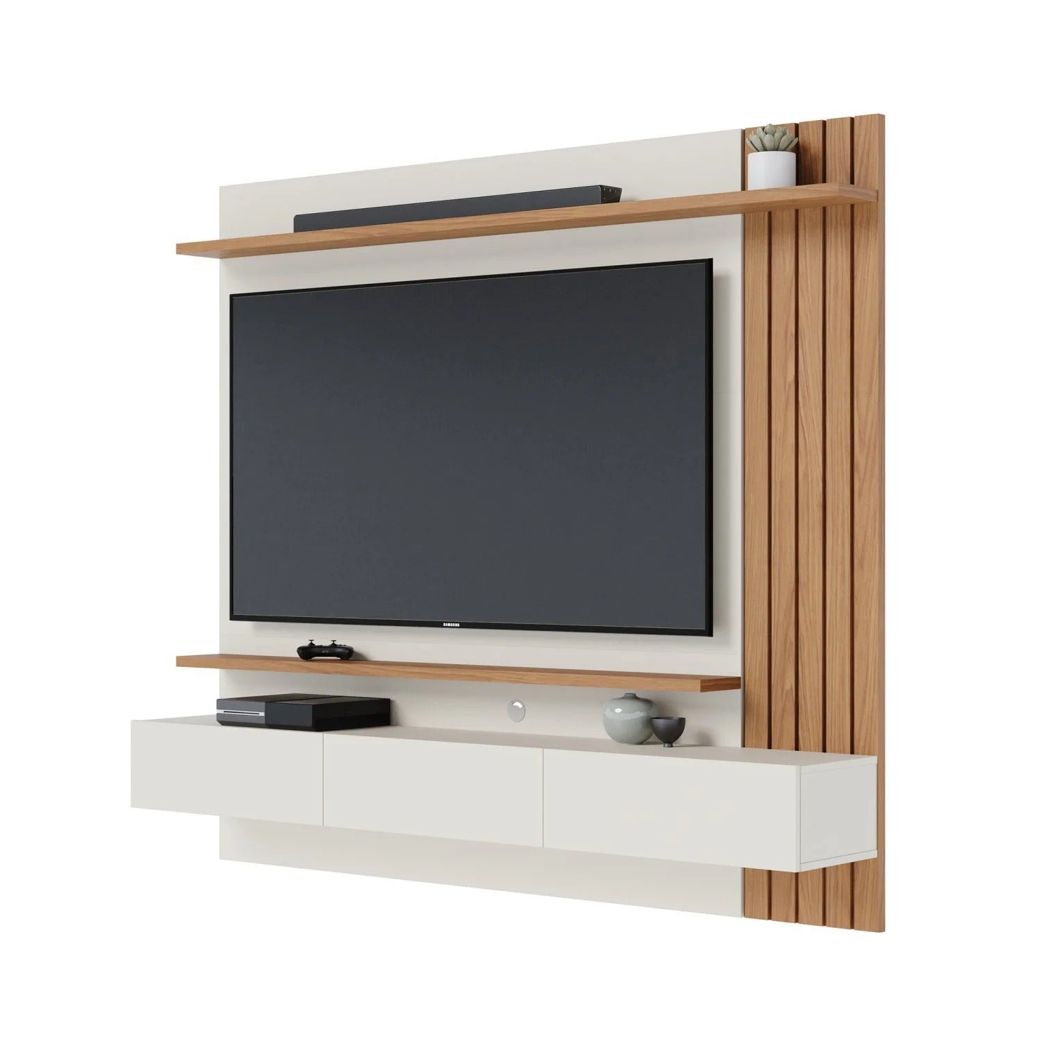 Painel para TV madeira e branco com prateleiras superiores e gaveteiro moderno
