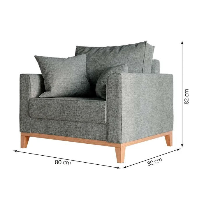 Poltrona cinza com pés de madeira clara, medidas 80x80x82 cm