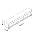Rack moderno em madeira com portas de vidro e iluminação LED, medidas de 211 cm de largura, 45 cm de altura e 34 cm de profundidade
