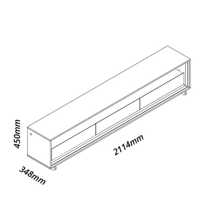 Rack moderno em madeira com portas de vidro e iluminação LED, medidas de 211 cm de largura, 45 cm de altura e 34 cm de profundidade