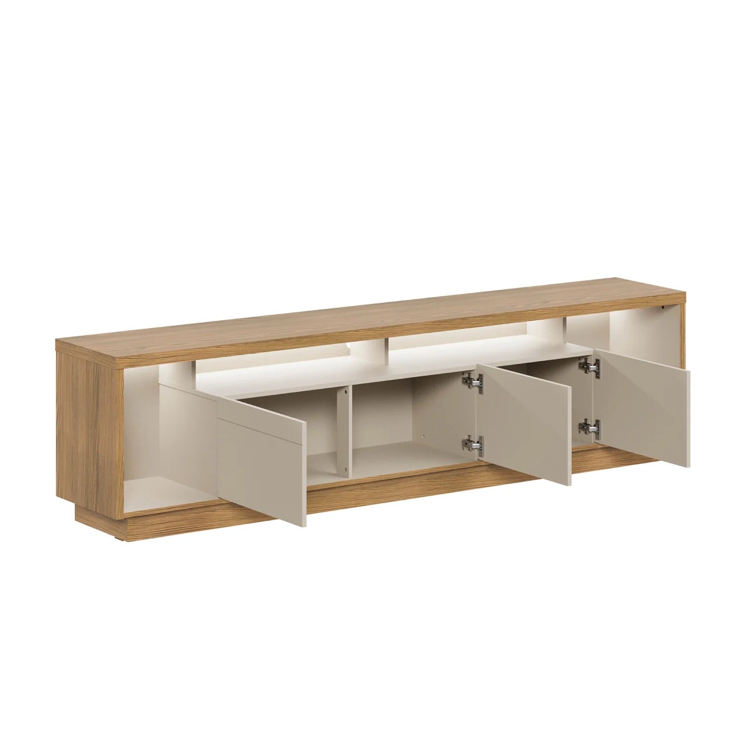 Rack para TV em madeira e branco com portas abertas mostrando amplo espaço interno