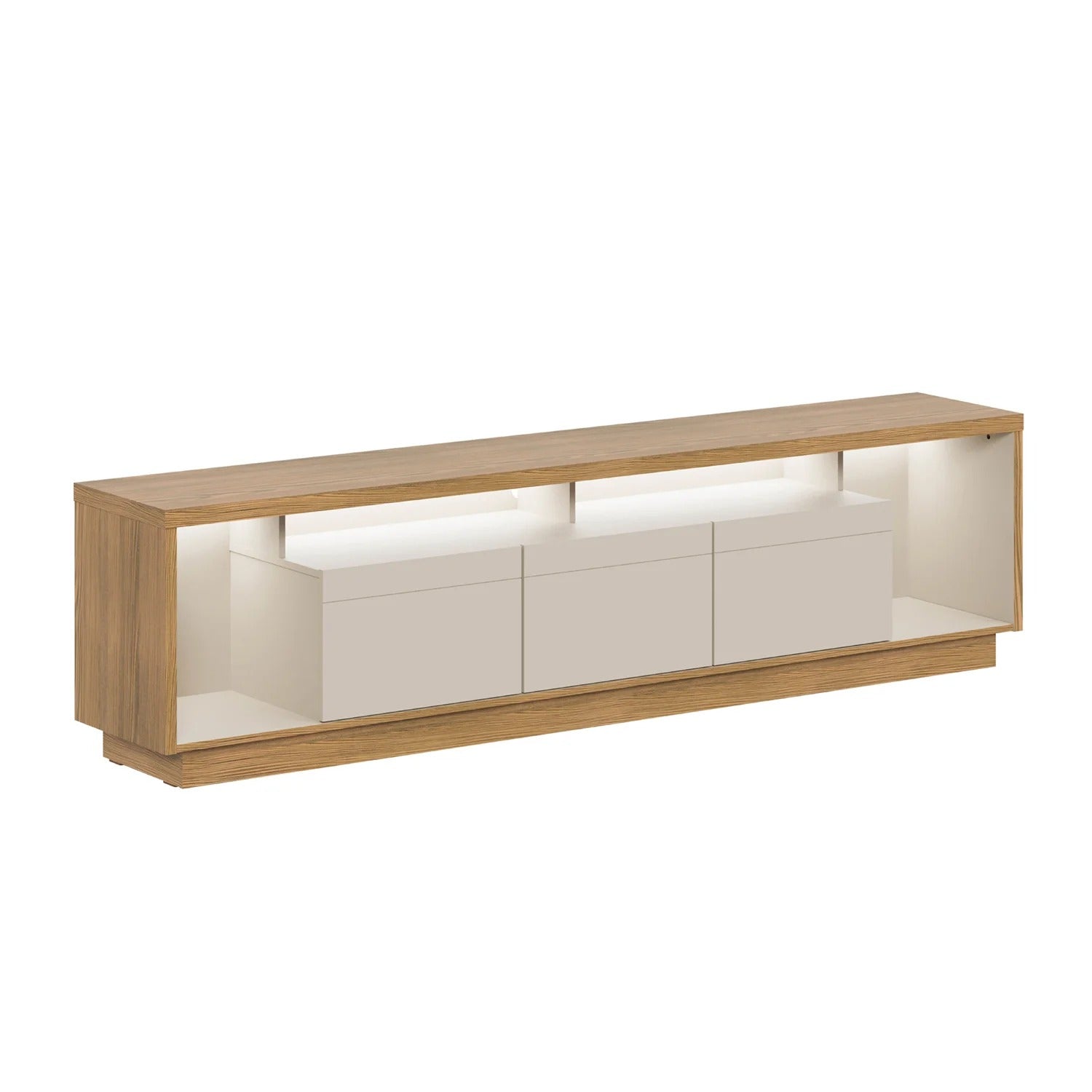 Rack para TV moderno em madeira e branco com nichos decorativos e gavetas espaçosas