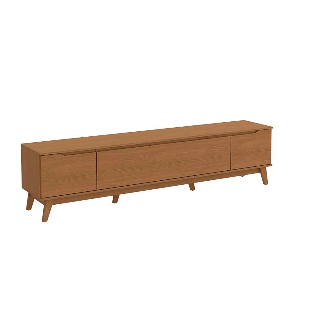 Rack para TV de madeira com design retrô e pés palito em tom amadeirado natural